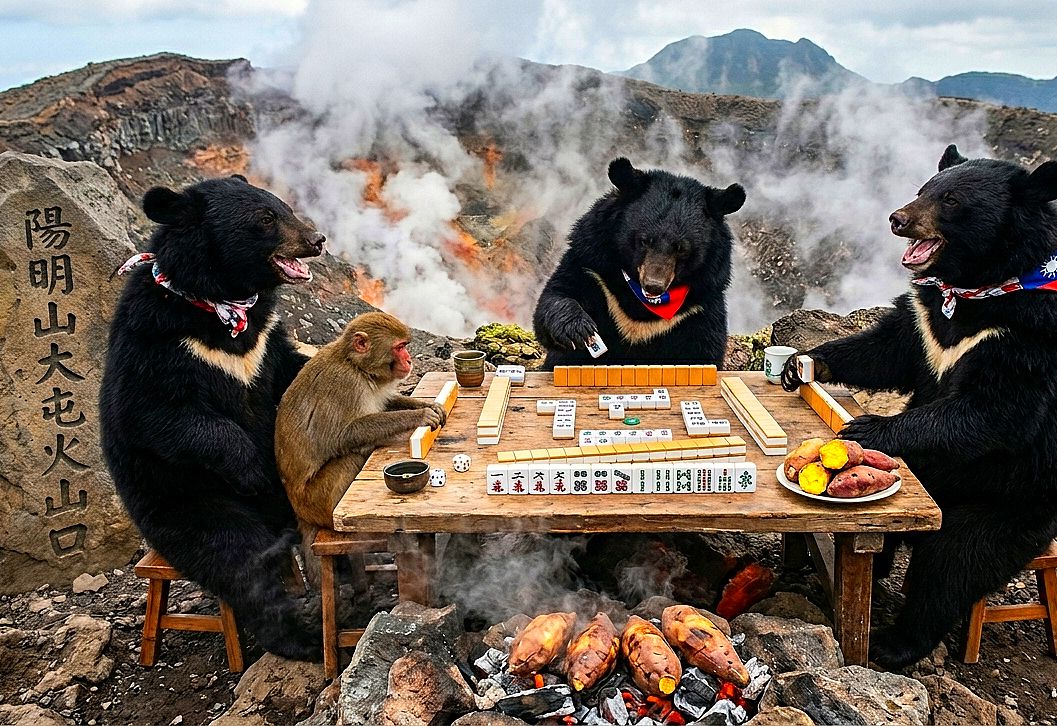 台灣黑熊,台灣熊愛打麻將,台灣黑熊打麻將,熊掌摸牌,國寶熊界雀聖,陽明山黑熊打牌,熊界傳奇,大屯火山口打牌,地熱蒸汽烤地瓜,陽明山台灣黑熊出沒,火山口麻將大賽,火山口天然麻將暖桌